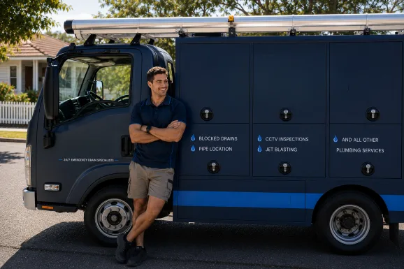 Plumber standing beside a service van in Waitara