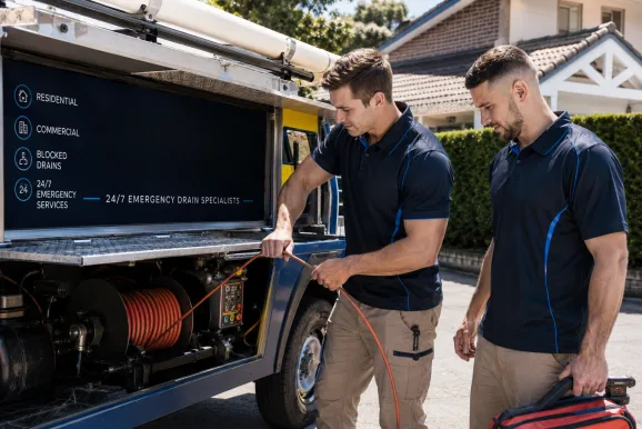 Plumbers clearing a blocked drain in Waitara