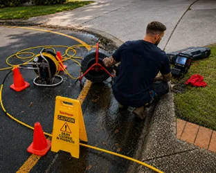 Plumber checking a blocked drain on a Waitara job