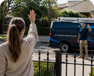 Customer waving goodbye to a Waitara Blocked Drains plumber